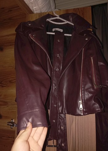 Bordo Deri Biker Ceket