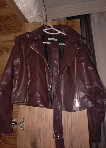 s Beden Bordo Deri Biker Ceket