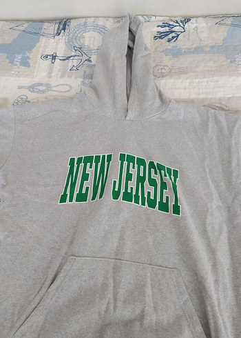 Diğer Gri Kapüşonlu New Jersey Baskılı Sweatshirt