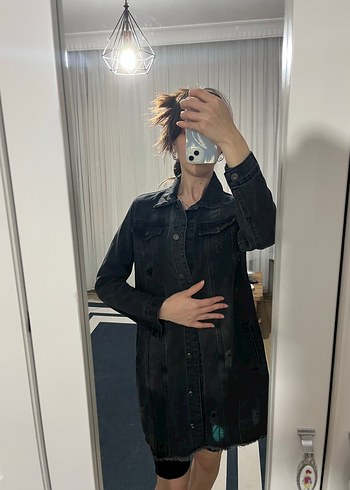 Siyah Düğmeli Midi Kot Ceket