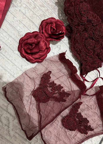 Gelinlik Bordo Dantel Vintage Gotik Düğün Aksesuar Seti