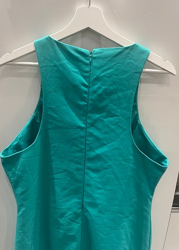 Turkuaz Yüksek Yakalı Kolsuz Midi Elbise - Görsel 6