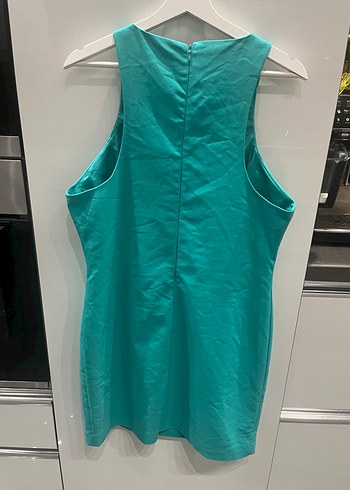 Turkuaz Yüksek Yakalı Kolsuz Midi Elbise - Görsel 5