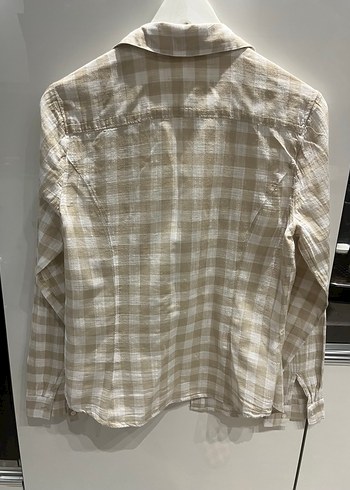 Bej Keten Düğmeli Uzun Kollu Kadın Gömlek - Görsel 7