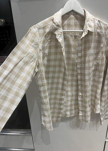 Bej Keten Düğmeli Uzun Kollu Kadın Gömlek - Görsel 2