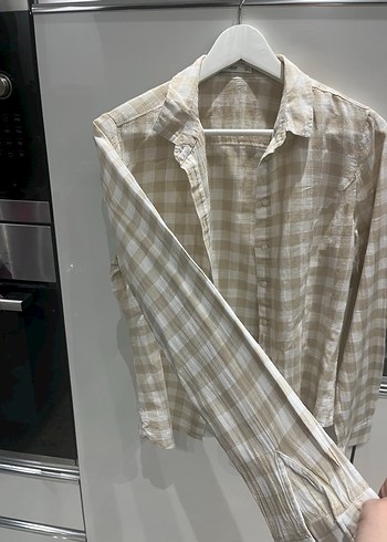 Bej Keten Düğmeli Uzun Kollu Kadın Gömlek - Görsel 3