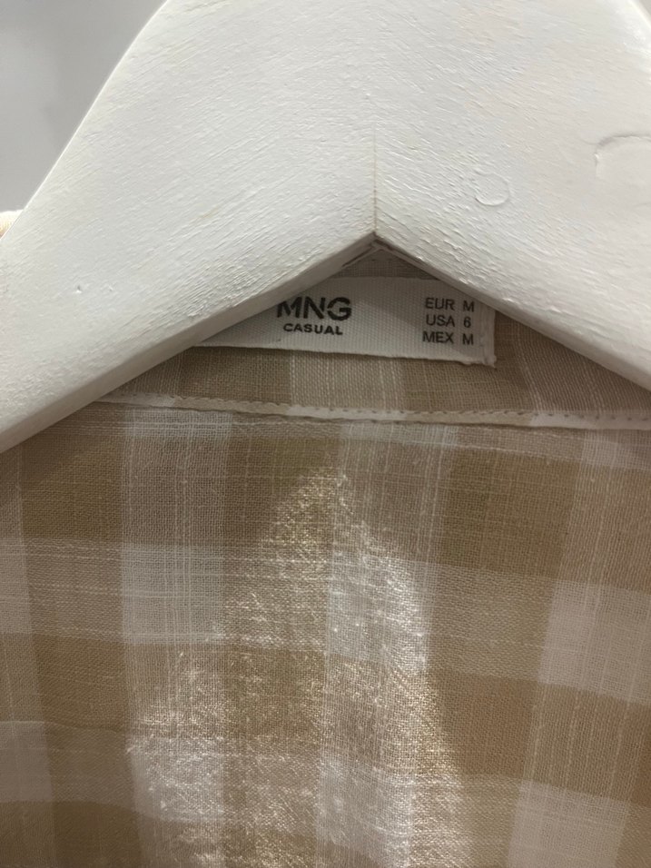 Bej Keten Düğmeli Uzun Kollu Kadın Gömlek - Görsel 5