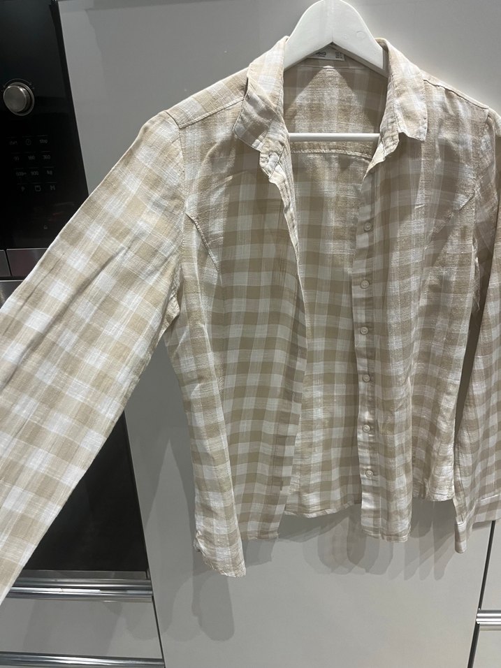 Bej Keten Düğmeli Uzun Kollu Kadın Gömlek - Görsel 2