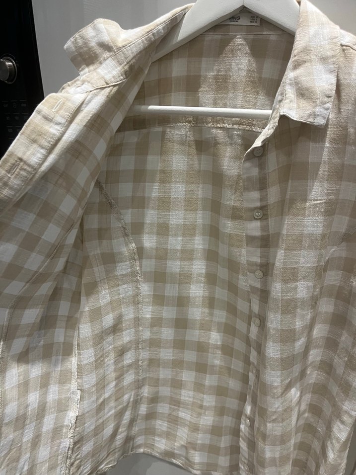 Bej Keten Düğmeli Uzun Kollu Kadın Gömlek - Görsel 4