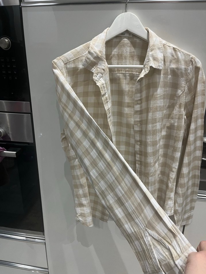 Bej Keten Düğmeli Uzun Kollu Kadın Gömlek - Görsel 3