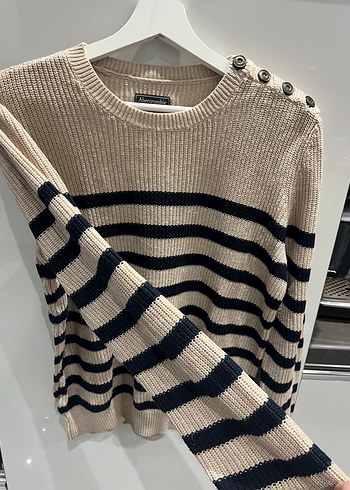 Bej Çizgili Örgü erkek Kazak - Görsel 3