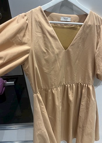 Bej V Yakalı Midi Salaş Elbise - Görsel 2