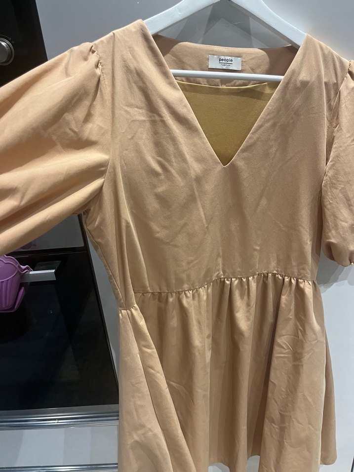 Bej V Yakalı Midi Salaş Elbise - Görsel 2