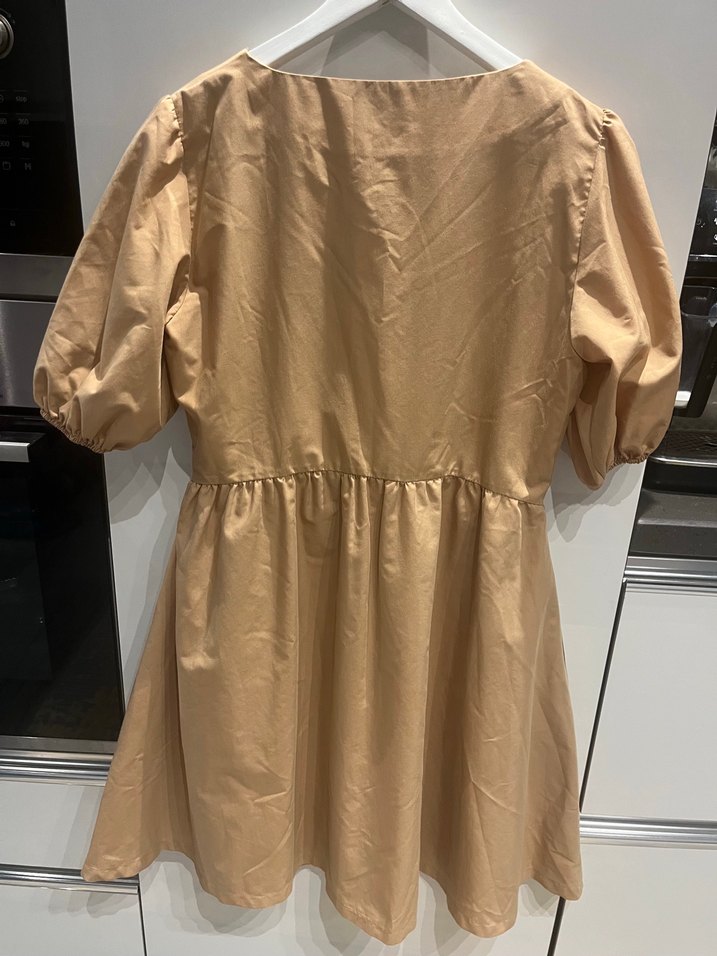 Bej V Yakalı Midi Salaş Elbise - Görsel 3