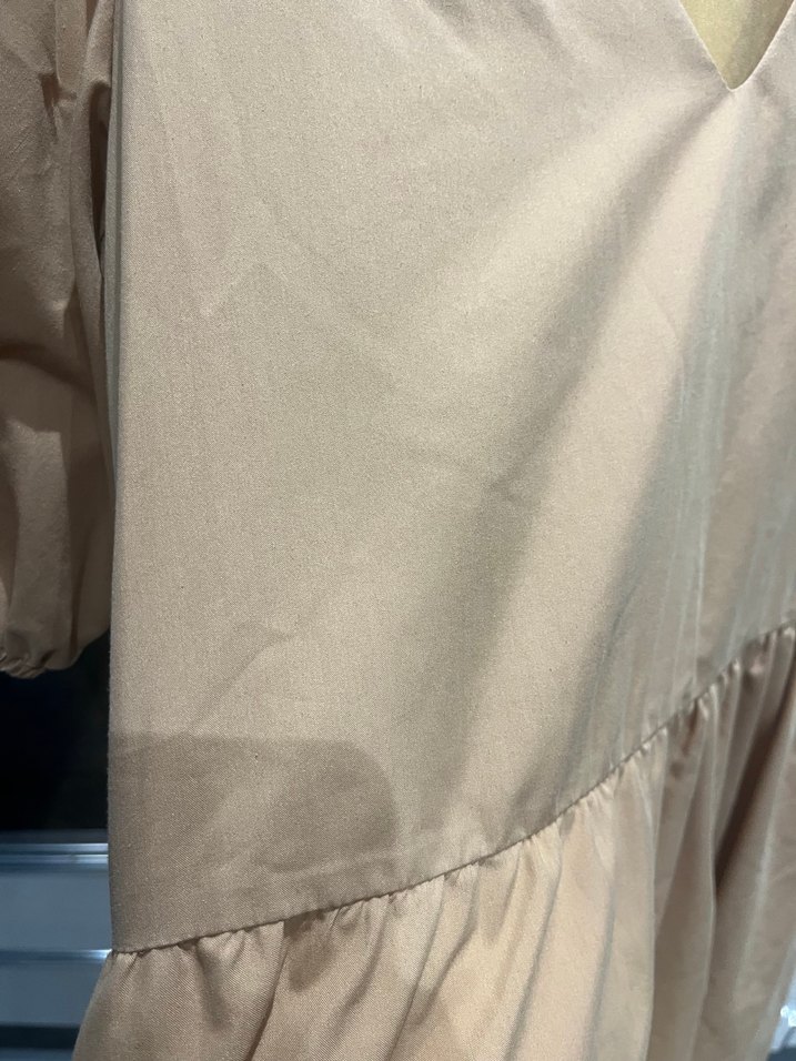 Bej V Yakalı Midi Salaş Elbise - Görsel 5