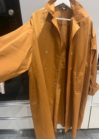 Düğmeli Uzun Kahverengi Trençkot - Görsel 3