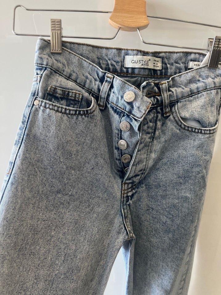 Düğmeli Gri Denim Kadın Jean - Görsel 2