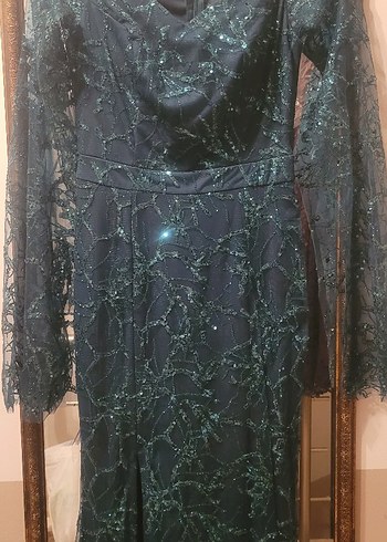 Uzun Kollu Nakışlı acı yeşil Kadın Elbise - Görsel 9