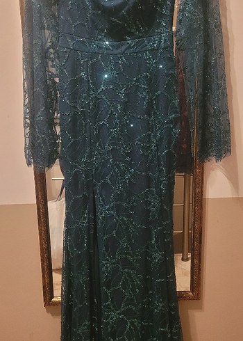 Uzun Kollu Nakışlı acı yeşil Kadın Elbise - Görsel 10