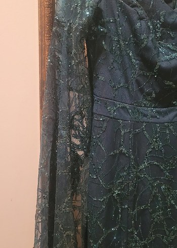 Uzun Kollu Nakışlı acı yeşil Kadın Elbise - Görsel 4