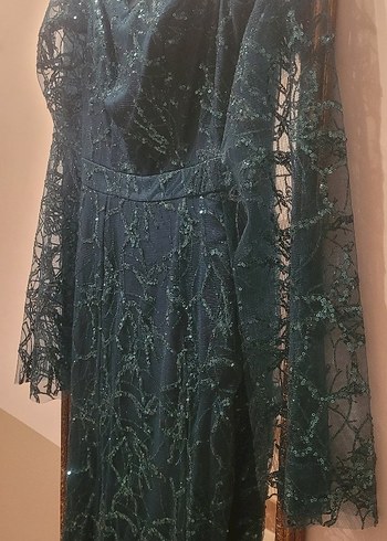 Uzun Kollu Nakışlı acı yeşil Kadın Elbise - Görsel 5