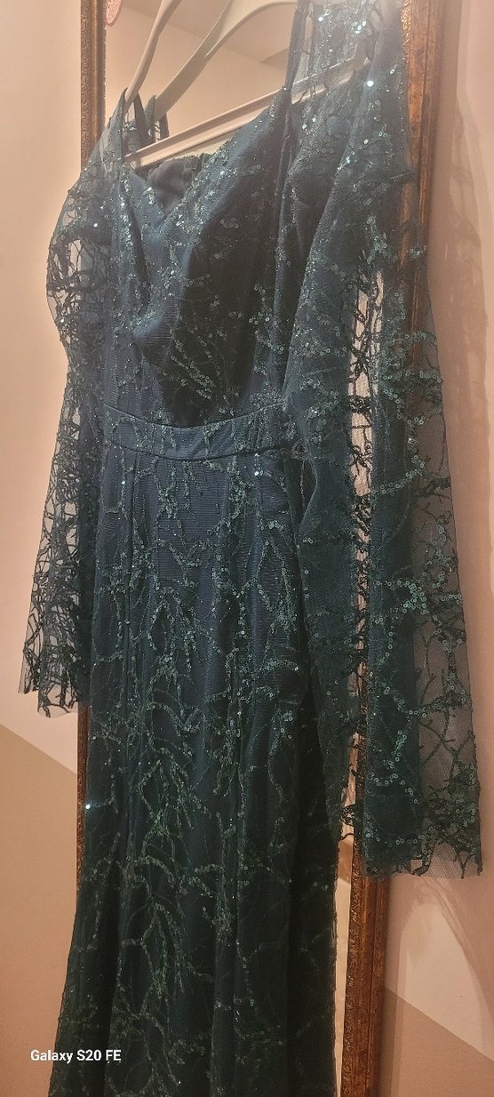 Uzun Kollu Nakışlı acı yeşil Kadın Elbise - Görsel 5