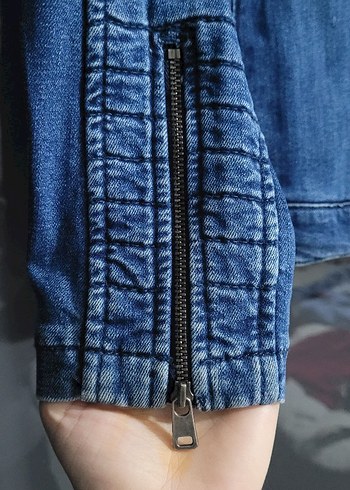 Fermuarlı Mavi Denim Biker Ceket - Görsel 3