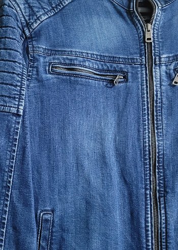 Fermuarlı Mavi Denim Biker Ceket - Görsel 2