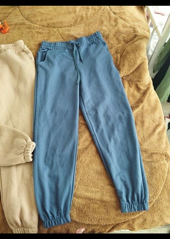 Bej Pamuklu Rahat Kesim  ve mavi Kadın Eşofman Altı 2 li - Görsel 2