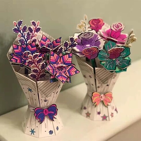 Beden Renk Boyanabilir 3d Yapboz Çiçek Buketi ? 10 Renkli Kalemli Eğlenceli