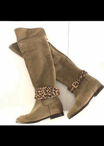 Shoes & More Leopar Desenli Kahverengi Süet Dizüstü Çizme