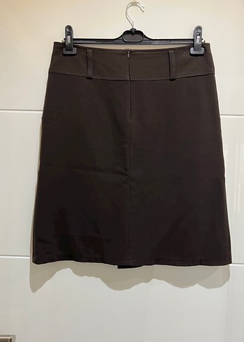 Düğmeli Koyu Kahverengi Mini Etek - Görsel 3