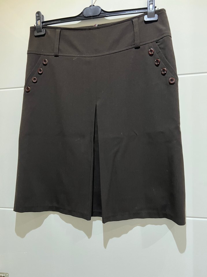 Düğmeli Koyu Kahverengi Mini Etek - Görsel 4