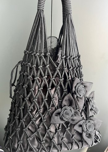 Gri Nakışlı Örgü Kadın Çanta - Görsel 2