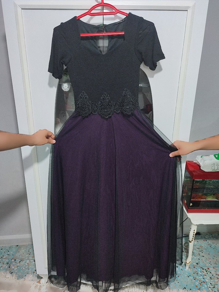 Mor Uzun V Yaka Abiye Elbise - Görsel 3