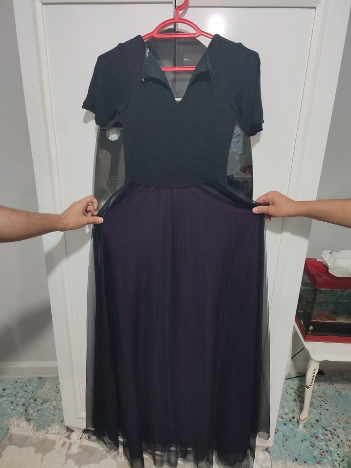 Mor Uzun V Yaka Abiye Elbise - Görsel 2