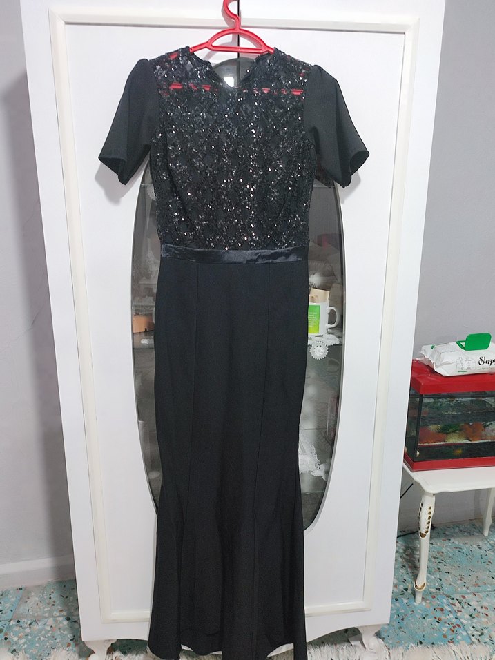 Siyah Payetli V Yaka Midi Kadın Elbise - Görsel 5