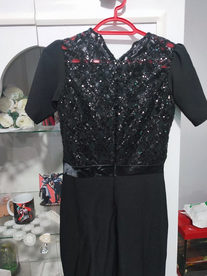 Siyah Payetli V Yaka Midi Kadın Elbise - Görsel 2