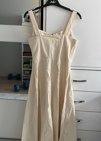 Bej Keten Pilili Uzun Elbise - Görsel 2