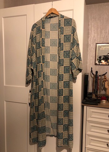 Bohem Yeşil Uzun Kadın Kimono, Desenli ve Salaş