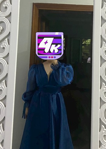 Abiye Uzun Mavi Drapeli Bohem Abiye Elbise