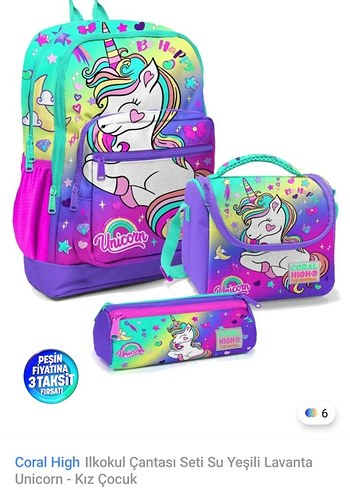 Coral High Su Yeşili Lavanta Unicorn Okul Çantası Seti