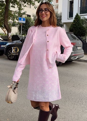 Pembe Mini Bağlama Desenli Triko Elbise - Görsel 6