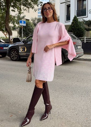 Pembe Mini Bağlama Desenli Triko Elbise - Görsel 2