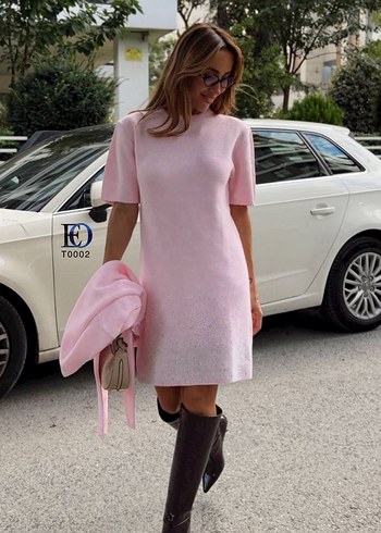 Pembe Mini Bağlama Desenli Triko Elbise - Görsel 4