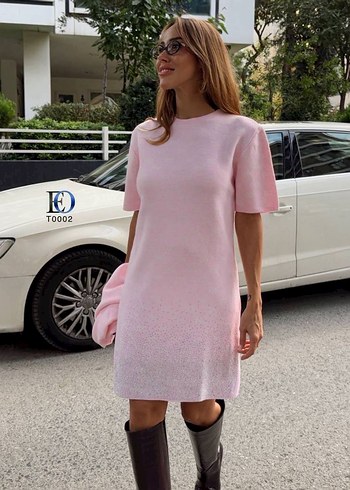 Pembe Mini Bağlama Desenli Triko Elbise - Görsel 5