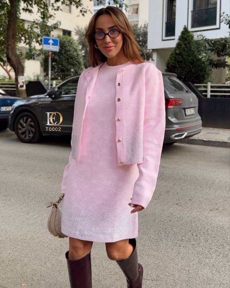 Pembe Mini Bağlama Desenli Triko Elbise - Görsel 3