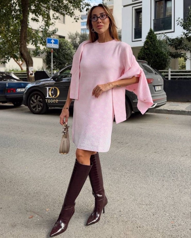 Pembe Mini Bağlama Desenli Triko Elbise - Görsel 2