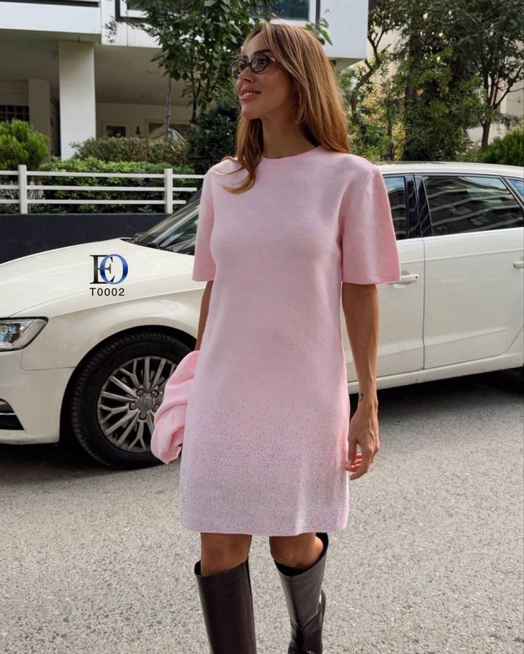 Pembe Mini Bağlama Desenli Triko Elbise - Görsel 5