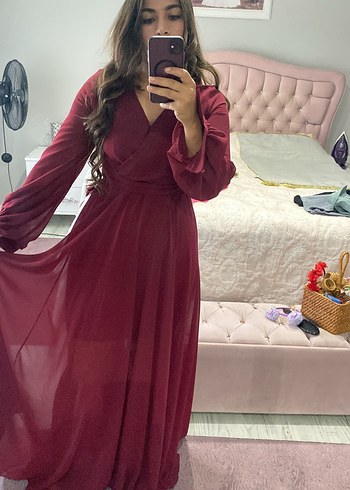 Bordo V Yakalı Uzun Bohem Elbise